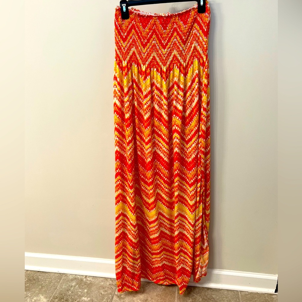 Strapless smocked orange/yellow chevron dress
